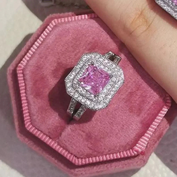 Sterling Silver Princess Cut Pink Sapphire Diamond Earring & Ring Jewelry Set - Picture 2 of 4